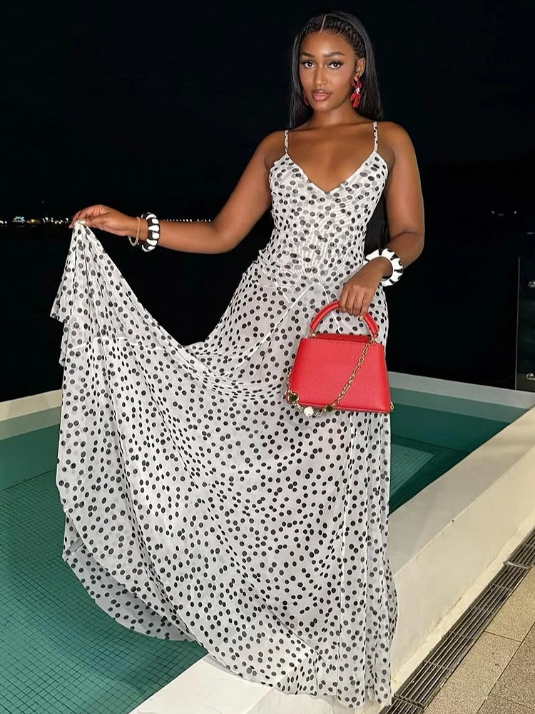 unisex casual outfit vestoraa sisterlinda classic point print maxi dress - daily wear garment with white design detail (USA)