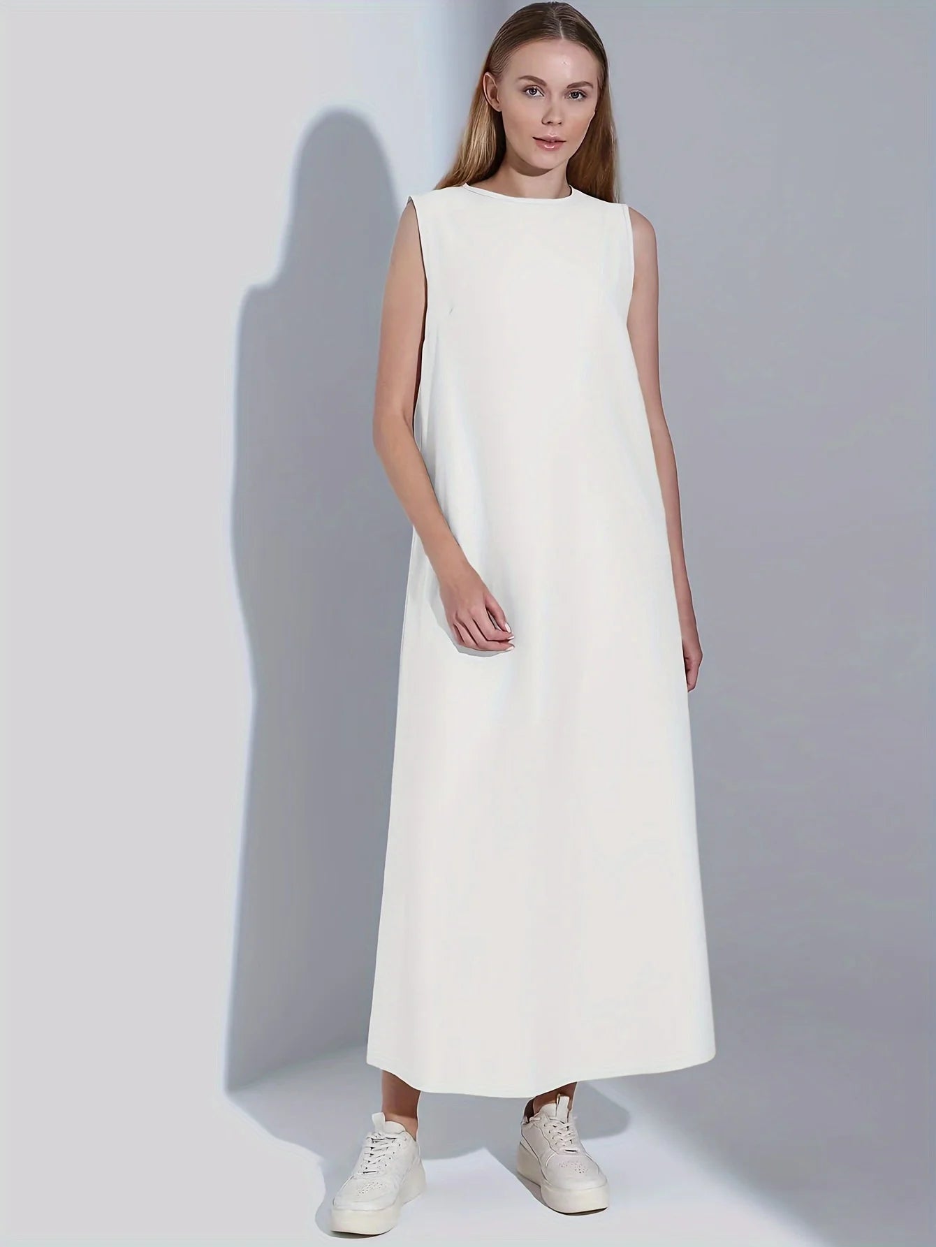 vestoraa casual white dress simple vest dress loose round - casual unisex outfit with precision in black metal (USA)