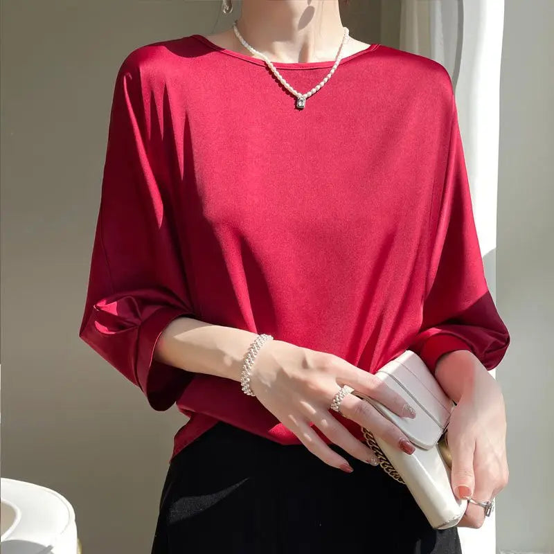 unisex dress outfit vestoraa satin silk half-sleeve tee tops basic solid - daily wear garment with black design detail (USA)