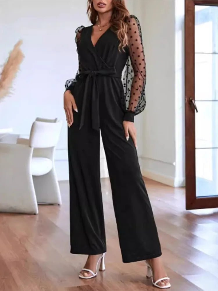unisex casual outfit vestoraa v neck lace long sleeve jumpsuit - everyday wear garment with black design detail (USA)
